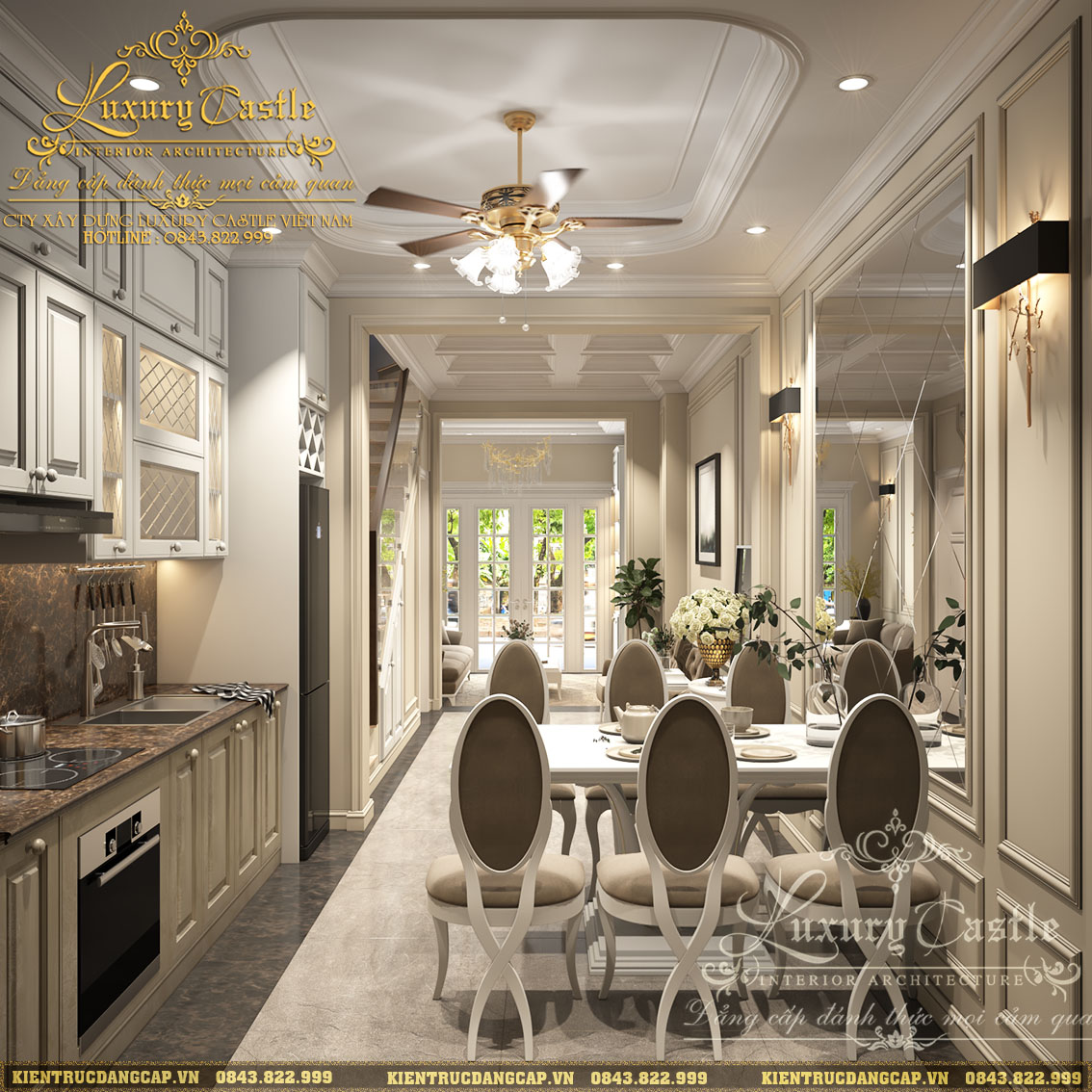 Thiết kế nội thất phòng bếp nhà ống tân cổ điển sang trọng mang lại cho bạn một không gian đậm chất cổ điển cùng với độ sang trọng hiện đại. Một không gian hoàn hảo cho sự kết hợp giữa truyền thống và hiện đại.